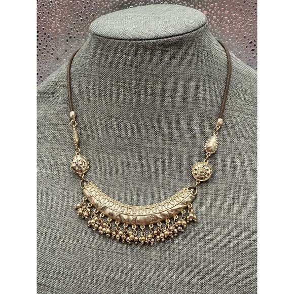 Chico’s Necklace light Gold Tone Bar with Dangles Brown Cords Costume 19”+ 4” - Picture 7 of 9